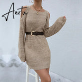 Jenvon Coran Women Autumn Winter Knited Sweater Dresses, Pullover Tunics, Female Sexy Off The Shoulder Long Sleeve Mini Dress. Aiertu
