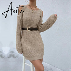 Jenvon Coran Women Autumn Winter Knited Sweater Dresses, Pullover Tunics, Female Sexy Off The Shoulder Long Sleeve Mini Dress. Aiertu