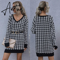 Jenvon Coran Women's Winter Dress, Woman Pullovers, Autumn Knitted Houndstooth Sweater Dress Female . Aiertu