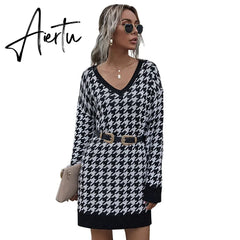 Jenvon Coran Women's Winter Dress, Woman Pullovers, Autumn Knitted Houndstooth Sweater Dress Female . Aiertu
