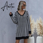 Jenvon Coran Women's Winter Dress, Woman Pullovers, Autumn Knitted Houndstooth Sweater Dress Female . Aiertu