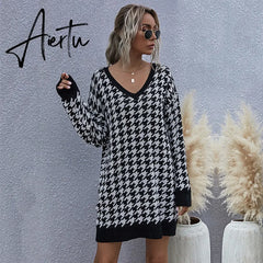 Jenvon Coran Women's Winter Dress, Woman Pullovers, Autumn Knitted Houndstooth Sweater Dress Female . Aiertu