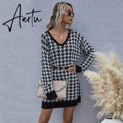 Jenvon Coran Women's Winter Dress, Woman Pullovers, Autumn Knitted Houndstooth Sweater Dress Female . Aiertu