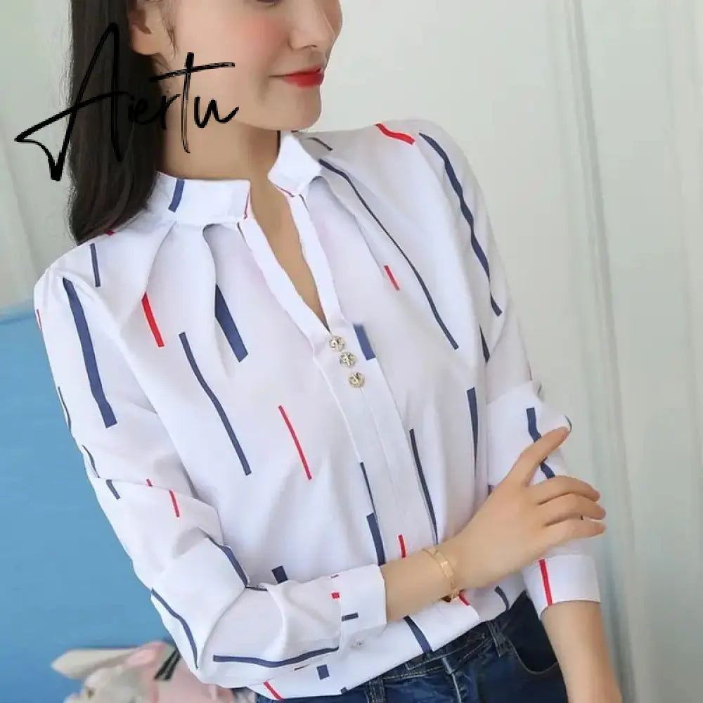 JFUNCY Plus Size Women White Tops and Blouses Fashion Stripe Print Casual Long Sleeve Office Lady Work Shirts Female Slim Blusas Aiertu