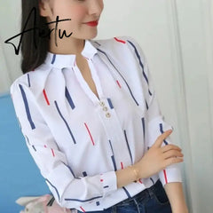 JFUNCY Plus Size Women White Tops and Blouses Fashion Stripe Print Casual Long Sleeve Office Lady Work Shirts Female Slim Blusas Aiertu