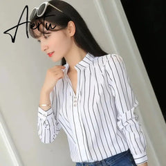 JFUNCY Plus Size Women White Tops and Blouses Fashion Stripe Print Casual Long Sleeve Office Lady Work Shirts Female Slim Blusas Aiertu