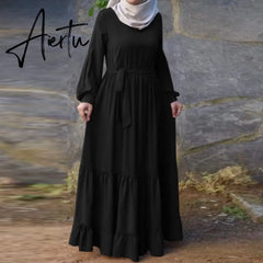 Kaftan Vestido ZANZEA Muslim Abaya Turkey Hijab Dress Spring Long Sleeve Lace Up Ruffles Sundress Fashion Vintage Solid Dresses Aiertu