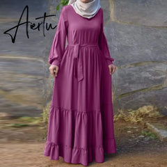 Kaftan Vestido ZANZEA Muslim Abaya Turkey Hijab Dress Spring Long Sleeve Lace Up Ruffles Sundress Fashion Vintage Solid Dresses Aiertu