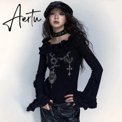 Karrcat Grunge Aesthetics Knitted Tops Vintage Off Shoulder Tattoo Print T-shirt Wasteland Punk Black Ribbed Tee Shirt Gothic Aiertu