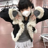 Karrram Y2k Aesthetics Black Denim Coat Grunge Fairycore Jeans Fur Jacket 2000s Harajuku Winter Coat Patchwork Vintage Korean Aiertu