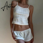 Kawaii 2 Piece Set Fairycore Cottage Cute Bow Camis Crop Tops + Mini Shorts 00s Pajamas Loungewear Women Vintage Y2K Outfits Aiertu