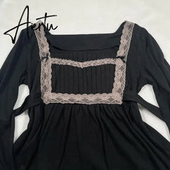 Kawaii Coquette Grunge T-shirt Lace Trim Square Collar Half Sleeve Milkmaid Tees 00s Retro Y2K Aesthetic Tie Up Waist Crop Tops Aiertu