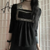 Kawaii Coquette Grunge T-shirt Lace Trim Square Collar Half Sleeve Milkmaid Tees 00s Retro Y2K Aesthetic Tie Up Waist Crop Tops Aiertu