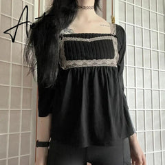 Kawaii Coquette Grunge T-shirt Lace Trim Square Collar Half Sleeve Milkmaid Tees 00s Retro Y2K Aesthetic Tie Up Waist Crop Tops Aiertu