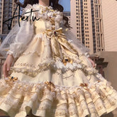 Kawaii Girl Gothic Lolita Loli Cos Princess Tea Party Sweet Lolita Dress Vintage Lace Bowknot Cute Printing Victorian Dress Aiertu