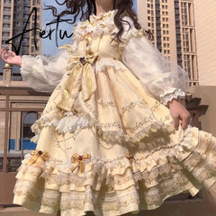 Kawaii Girl Gothic Lolita Loli Cos Princess Tea Party Sweet Lolita Dress Vintage Lace Bowknot Cute Printing Victorian Dress Aiertu