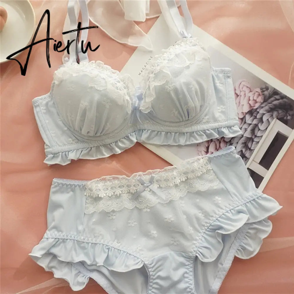 Kawaii Lolita Underwear Seamless Lingerie Blue Push Up Bra And Panty Set For Women Girls Ruffles Sweet Cute Plus Size Bra Briefs Aiertu