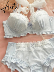 Kawaii Lolita Underwear Seamless Lingerie Blue Push Up Bra And Panty Set For Women Girls Ruffles Sweet Cute Plus Size Bra Briefs Aiertu