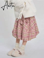 Kawaii Pink Plaid Skirt Women Japanese Fashion High Waist Lace-up Lace Patchwork Cute Long Skirt Autumn Winter Harajuku Aiertu