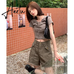 Khaki Women's Cargo Denim Short Pants High Waist Wide Leg American Streetwear Summer Vintage Casual Baggy Straight Cargo Trouser Aiertu