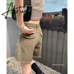 Khaki Women's Cargo Denim Short Pants High Waist Wide Leg American Streetwear Summer Vintage Casual Baggy Straight Cargo Trouser Aiertu
