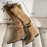Knee- High Boots LadySlip On Simple Pleated Stretch Suede Winter Botas Big Circumference Spring Autumn Woman Boots Large Size43 Aiertu