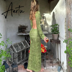 Knit Green Sexy Backless See Through Evening Prom Women Long Sleeve Evening Maxi Dress Elegant Party Beachwear Aiertu