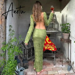 Knit Green Sexy Backless See Through Evening Prom Women Long Sleeve Evening Maxi Dress Elegant Party Beachwear Aiertu