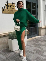 Knit Two Piece Sets Womens Outfits Casual Autumn Winter Turtleneck Sweater And Midi Skirt Sets Ladies Matching Sets Aiertu