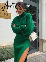 Knit Two Piece Sets Womens Outfits Casual Autumn Winter Turtleneck Sweater And Midi Skirt Sets Ladies Matching Sets Aiertu