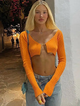 Knitted Long Sleeve Crop Top Women V-Neck Open Front Sexy Woman T-shirts Club Party Y2K Top Spring Autumn Cropped Sweater Aiertu