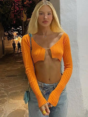 Knitted Long Sleeve Crop Top Women V-Neck Open Front Sexy Woman T-shirts Club Party Y2K Top Spring Autumn Cropped Sweater Aiertu