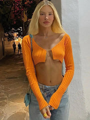 Knitted Long Sleeve Crop Top Women V-Neck Open Front Sexy Woman T-shirts Club Party Y2K Top Spring Autumn Cropped Sweater Aiertu