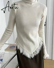 Korean Chic Autumn Winter Elegant Tassel Spliced Sweater Pullover Women Turtleneck Long Sleeve Black Knitted Jumper Aiertu