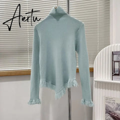 Korean Chic Autumn Winter Elegant Tassel Spliced Sweater Pullover Women Turtleneck Long Sleeve Black Knitted Jumper Aiertu