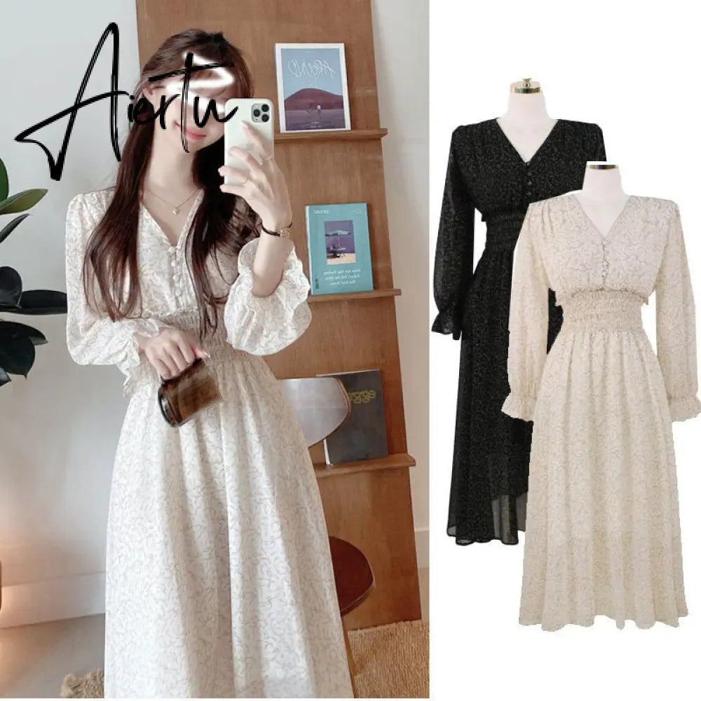 Korean Chic Fashion New Design Autumn Spring Womens Slim Waist A Line Elegant Date Girls Long Single Breasted Button Shirt Dress Aiertu