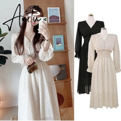 Korean Chic Fashion New Design Autumn Spring Womens Slim Waist A Line Elegant Date Girls Long Single Breasted Button Shirt Dress Aiertu