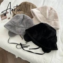 Korean New Ear Protection Bucket Hats for Women Autumn and Winter Travel Versatile Warm Retro Solid Color Plush Men's Caps Aiertu