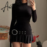 Korean Ruffles Short Dress Autumn Spring Long Sleeve O Neck 3D Flower Decorated Pleated Mini Dress with Belt Vintage Streetwear Aiertu