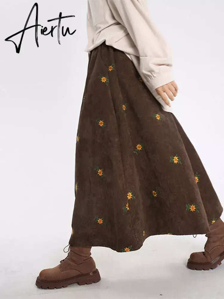 Korean Style High Waist Corduroy Embroidery Long Skirt Women Autumn Winter Loose Floral A-line Skirt Casual Retro Skirt Elegant Aiertu