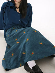 Korean Style High Waist Corduroy Embroidery Long Skirt Women Autumn Winter Loose Floral A-line Skirt Casual Retro Skirt Elegant Aiertu