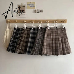 Korean Style Plaid Pleated Skirt Female Spring and Autumn High Waist Thin A-line Short Student Woolen NewSummer Skirts Aiertu
