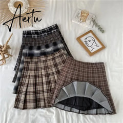 Korean Style Plaid Pleated Skirt Female Spring and Autumn High Waist Thin A-line Short Student Woolen NewSummer Skirts Aiertu