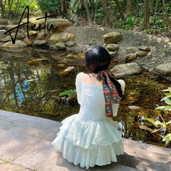 Korean Style Sweet Party Mini Dress Women Green Chiffon France Elegant Dress Female Bubble Sleeve White Casual Fairy Dress Aiertu