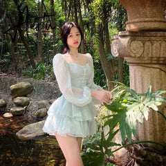 Korean Style Sweet Party Mini Dress Women Green Chiffon France Elegant Dress Female Bubble Sleeve White Casual Fairy Dress Aiertu