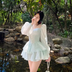 Korean Style Sweet Party Mini Dress Women Green Chiffon France Elegant Dress Female Bubble Sleeve White Casual Fairy Dress Aiertu
