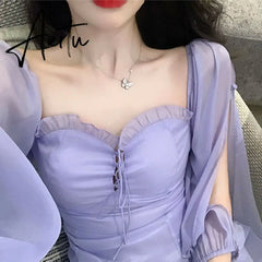 Korean Summer Designer Chiffon Lace Lolita Dress Women Elegant Long Sleeve Sexy Shirring Skinny Mini Dress Woman Bandage Dresses Aiertu