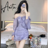 Korean Summer Designer Chiffon Lace Lolita Dress Women Elegant Long Sleeve Sexy Shirring Skinny Mini Dress Woman Bandage Dresses Aiertu