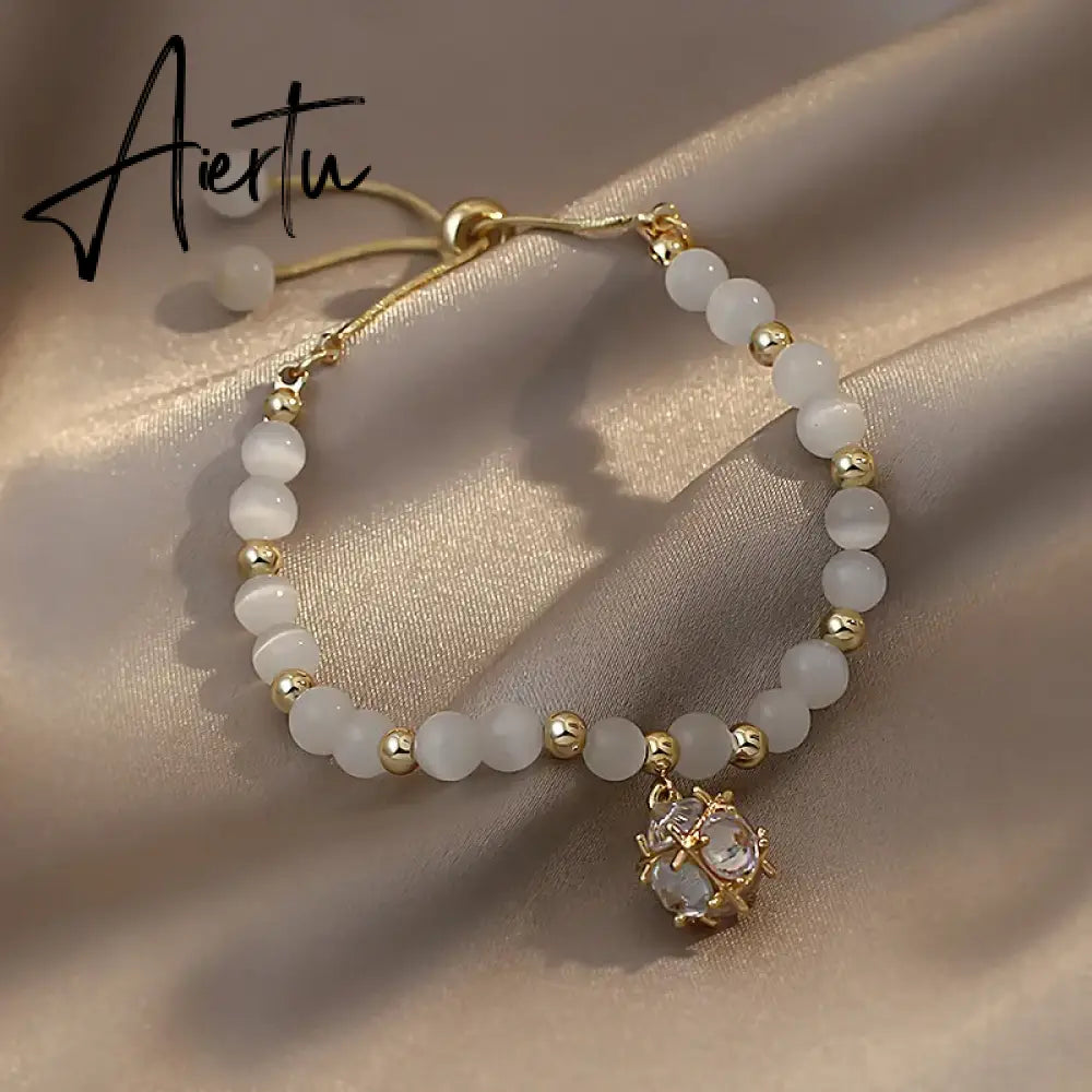 Korean White Opal Stone Pearl Bracelets for Women Luxury Exquisite Crystal Adjustable Cuff Bracelet Wedding Jewelry Party Gift Aiertu