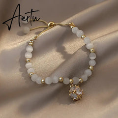 Korean White Opal Stone Pearl Bracelets for Women Luxury Exquisite Crystal Adjustable Cuff Bracelet Wedding Jewelry Party Gift Aiertu